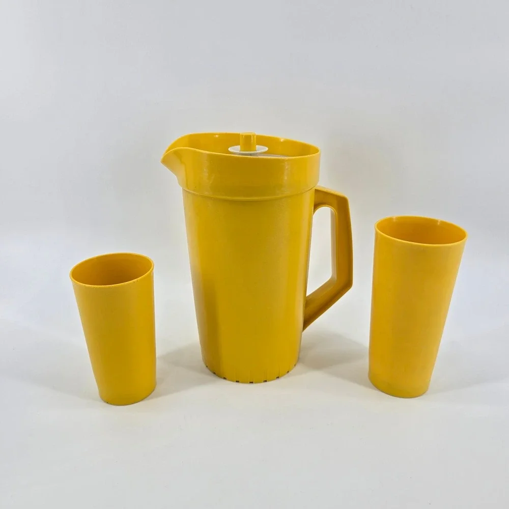 Vintage Tupperware 2 qt. Pitcher and Tumblers Set Harvest Yellow 3pc Set